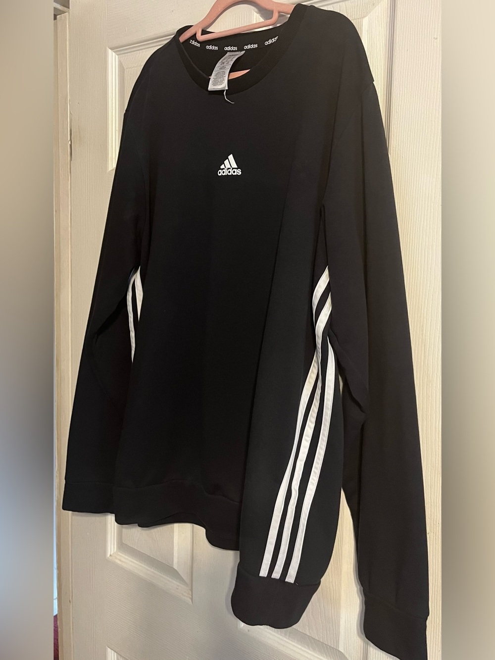 Men's Adidas Black Crewneck Sweatshirt w/Three-White Stripes & Logo (Large/XL)